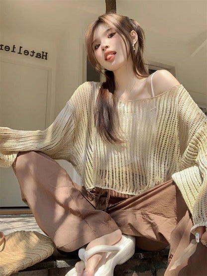 韓国風ファッション 透かし彫り 柔らかくて優しい印象 ニットトップスE-9153