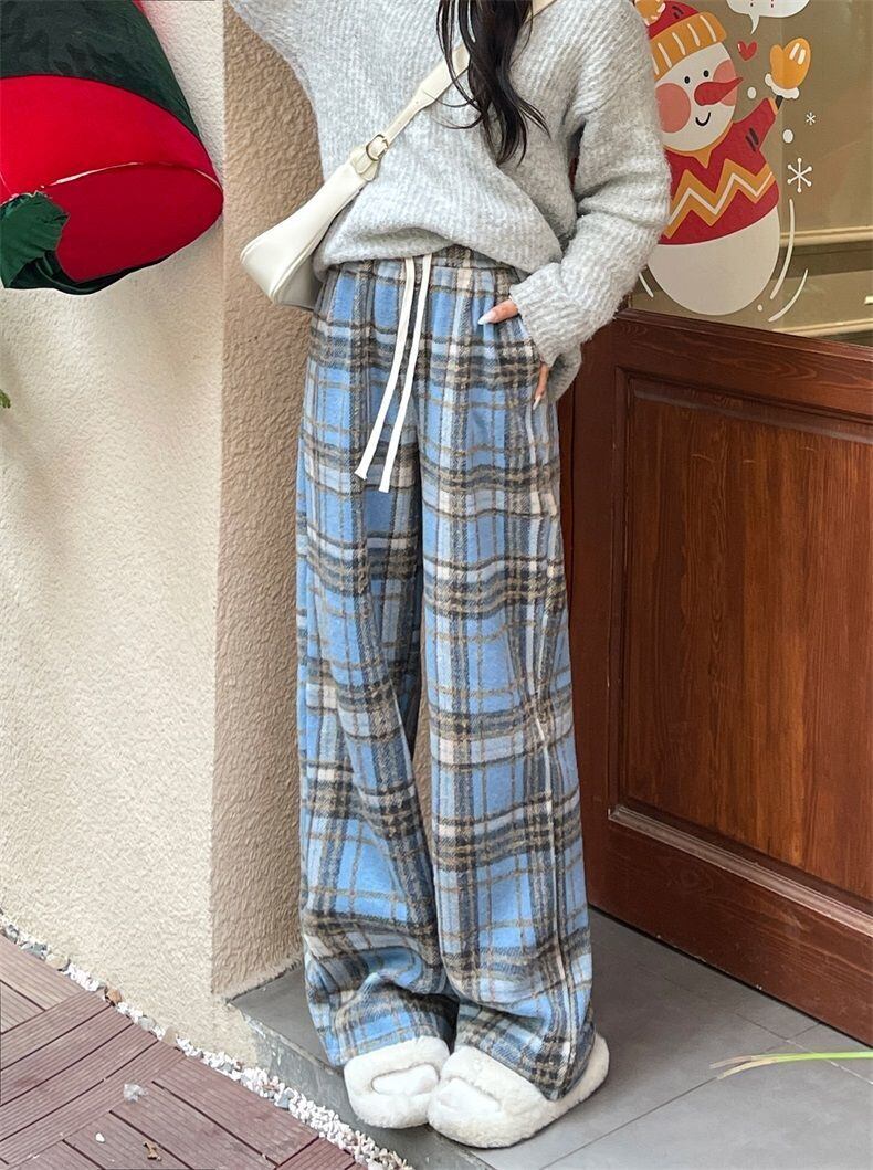 着回し力抜群 チェック柄 おしゃれ度高め 3色選択 ウールワイドレッグパンツ E-9757