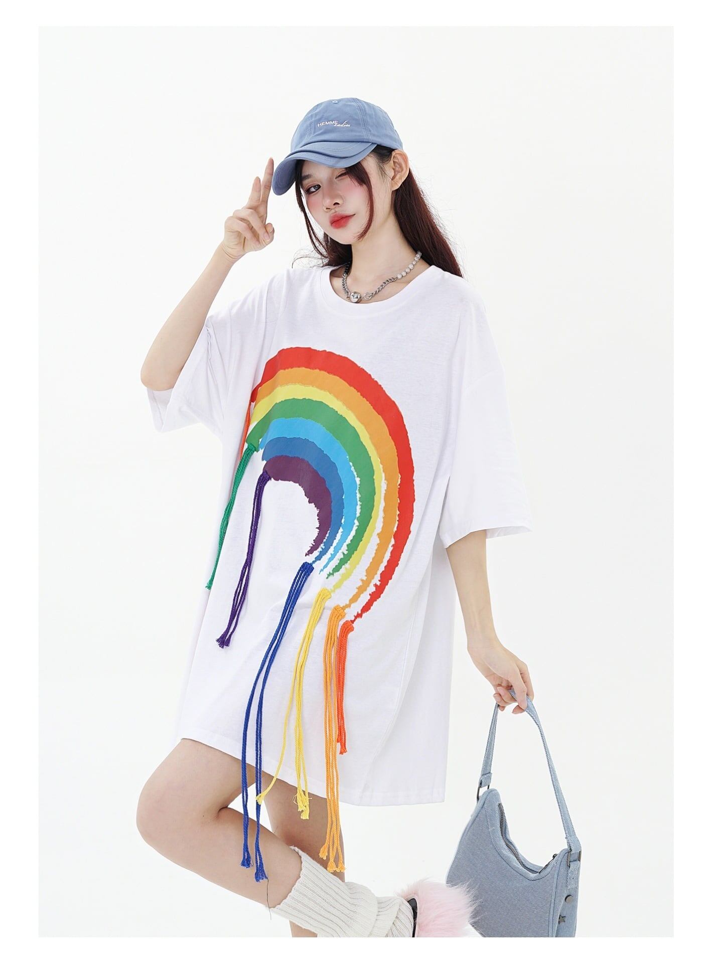 好感度UP 虹ロゴ タッセル ゆったり Tシャツ 全2色 ユニセックス半袖E-4863