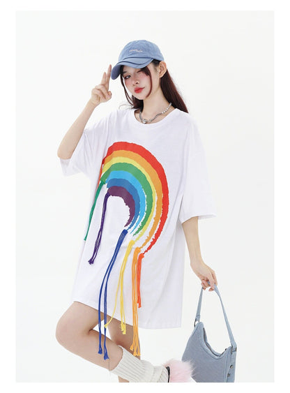 好感度UP 虹ロゴ タッセル ゆったり Tシャツ 全2色 ユニセックス半袖E-4863