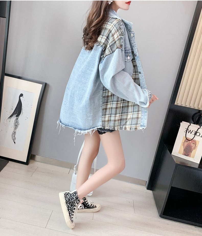 絶対流行 ファッション 活躍する優秀アイテム チェック柄 切り替え デニム Tシャツ E-9264