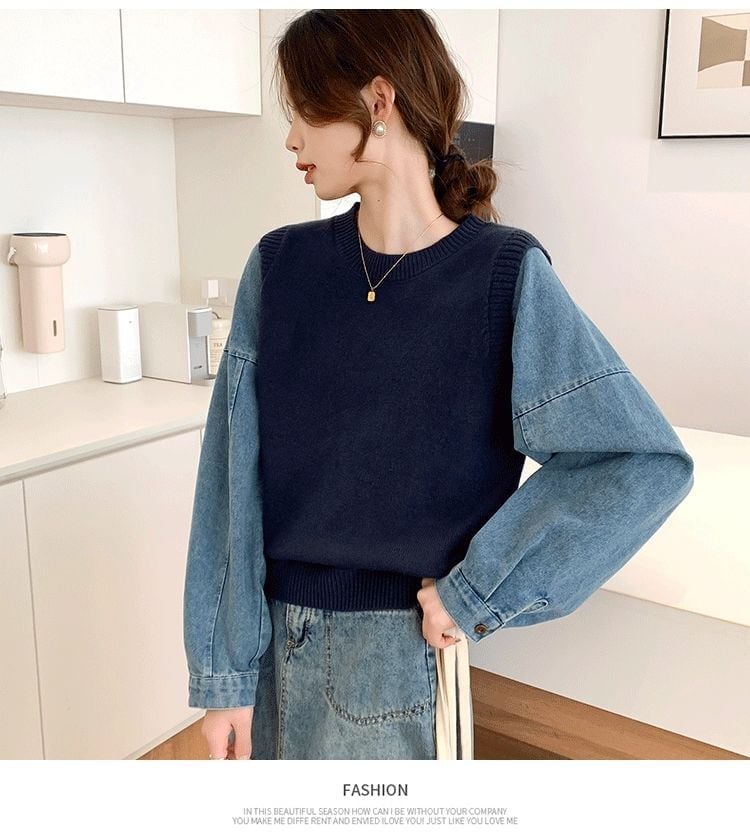 好感度UP レイヤード風 スタイルアップ デニム 切り替え 3色選択 ニットトップスE-9594