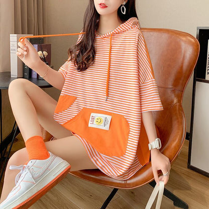 スタイルアップ効果抜群 ストライプ柄 アバンギャルド 切り替え レース プリント全2色 半袖TシャツE-9111