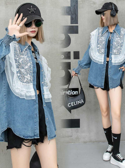 大好評 上質 話題沸騰中 おしゃれ度高め レース 切り替え デニム シャツ E-9409