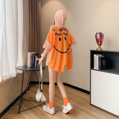 スタイルアップ効果抜群 ストライプ柄 アバンギャルド 切り替え レース プリント全2色 半袖TシャツE-9111