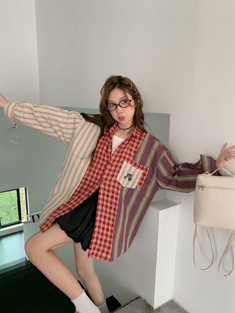 新商品 切り替え 個性的なデザイン チェック柄 ストライプ柄 シャツ E-9155