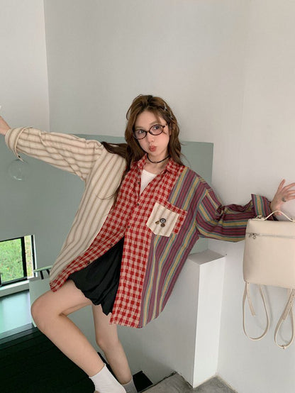 新商品 切り替え 個性的なデザイン チェック柄 ストライプ柄 シャツ E-9155