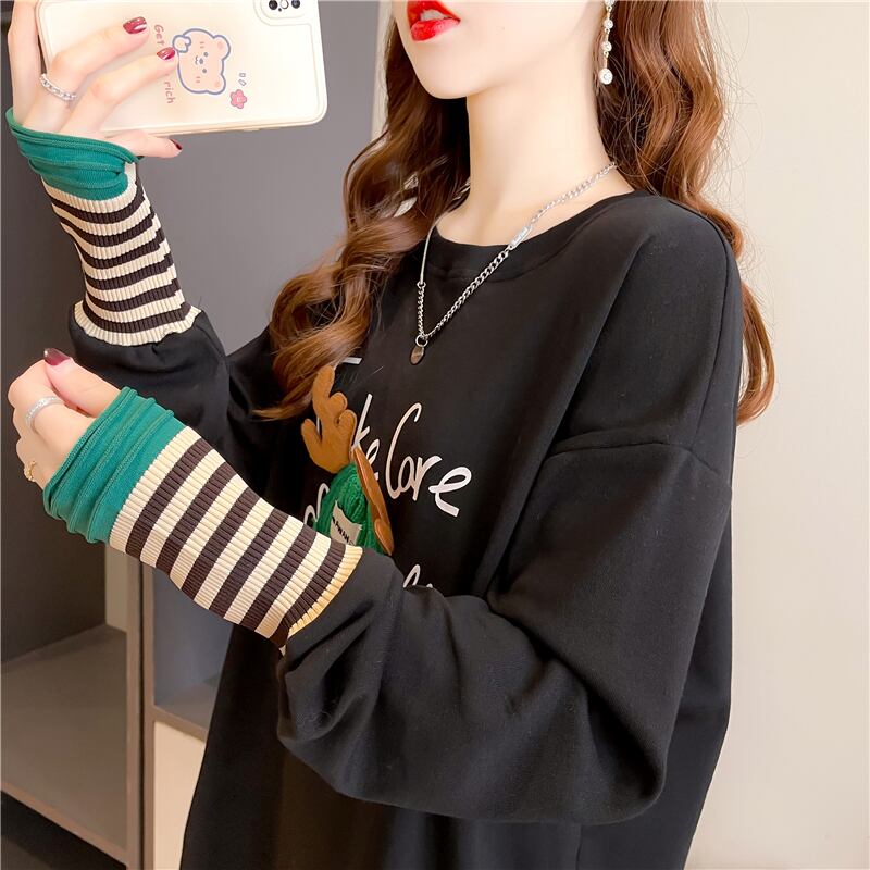 着心地抜群 ラウンドネック 好感度満載 カートゥーンプリント シャツ ブラウスE-2664