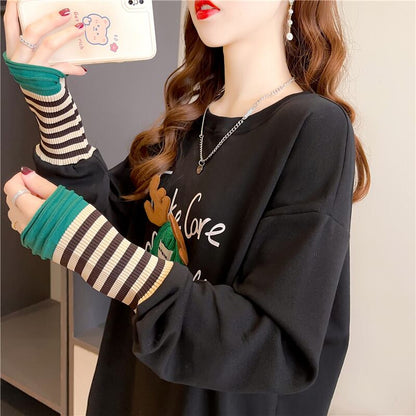 着心地抜群 ラウンドネック 好感度満載 カートゥーンプリント シャツ ブラウスE-2664