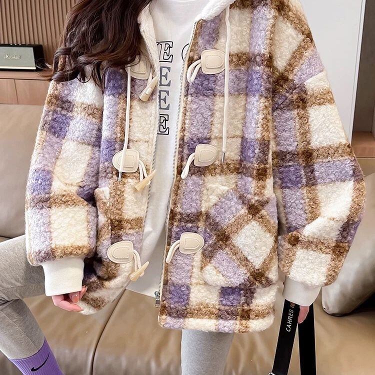 絶対流行 カジュアル 柔らかくて優しい印象 チェック柄 2色選択 ラムフリース コート ボアジャケットE-9854