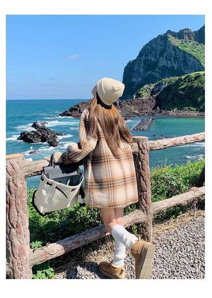 絶対欲しい チェック柄 高級感溢れる 2色選択 ミドルレングス コート E-9740