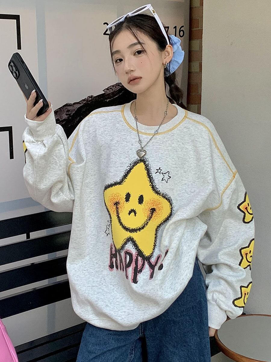 絶対流行 大人可愛い スタイルアップ効果抜群 プリント カジュアル 5色選択 パーカーE-9359