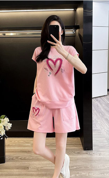 超人気 ホットダイヤモンド カジュアル プリント 半袖Tシャツ ショートパンツ セットアップ E-9215