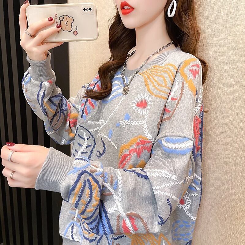 質感のいい刺?スウェット五色ありトップスE-4153