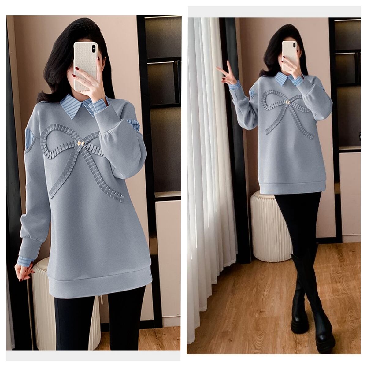 好感度UP レイヤード風 柔らかくて優しい印象 切り替え プラスベルベット 全3色 スウェットE-9809