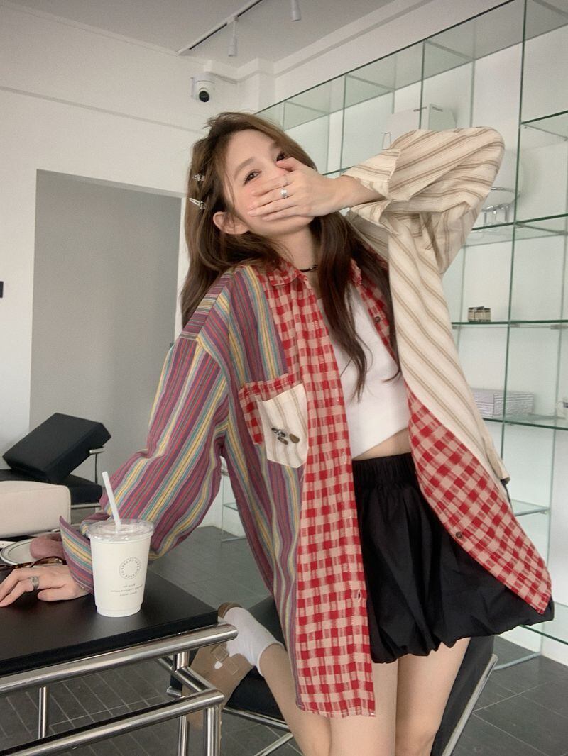 新商品 切り替え 個性的なデザイン チェック柄 ストライプ柄 シャツ E-9155