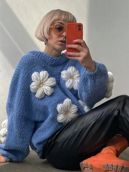 主役級の存在感！ 気質アップ 着回し力抜群 立体フラワー ニットトップスE-9994