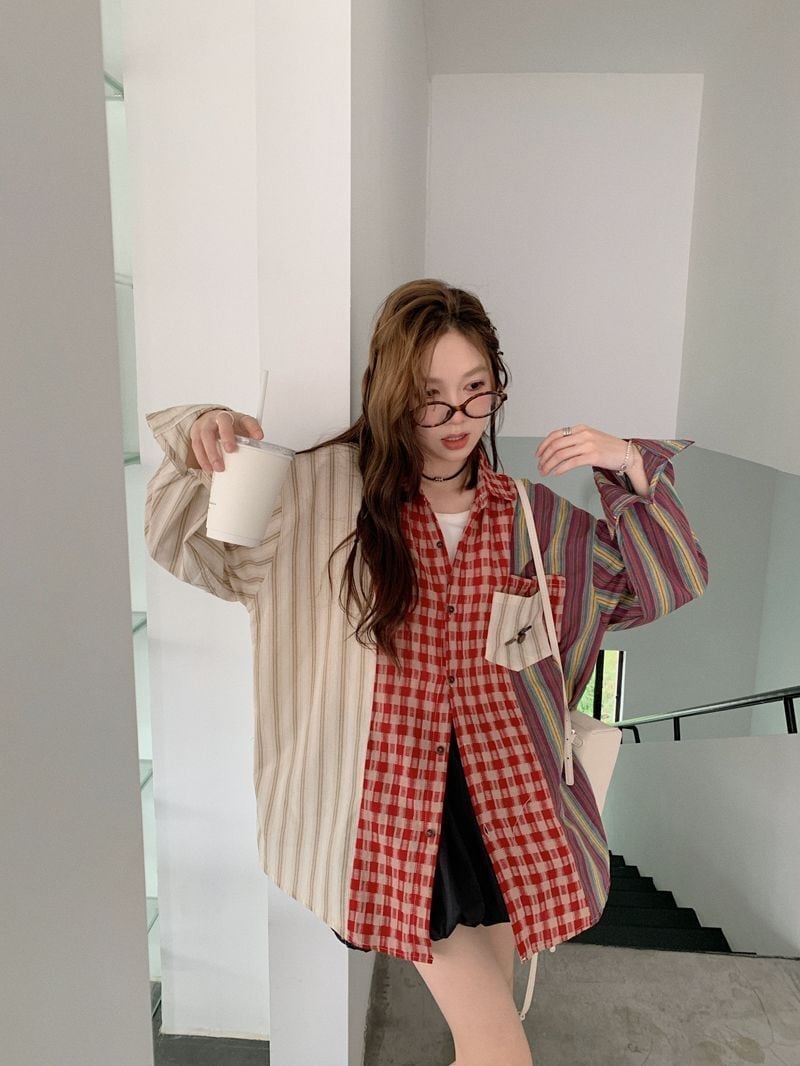 新商品 切り替え 個性的なデザイン チェック柄 ストライプ柄 シャツ E-9155