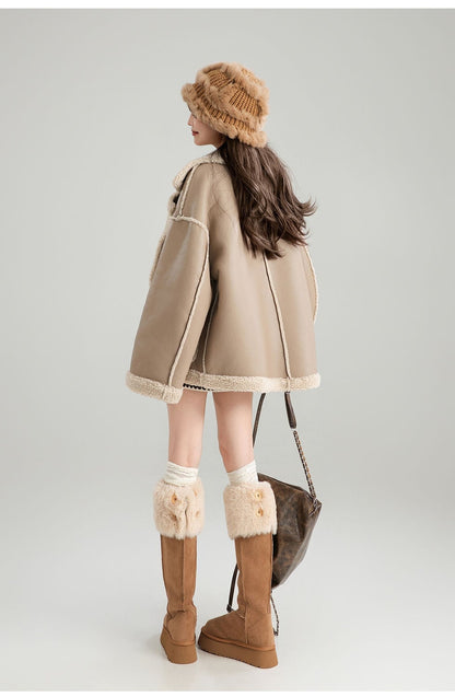 高級感溢れる 革ファッション厚い暖かいフェイクシャーリングジャケットコート ファッション感満々 E-9884