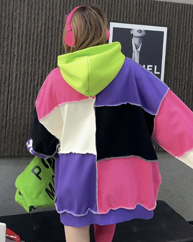 快適トップス カラーマッチング おしゃれ度高め 切り替え 2色選択 パーカーE-9361