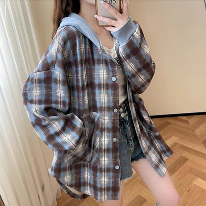 スタイルアップ効果抜群 チェック柄 カジュアル 2色選択 シャツ E-10724