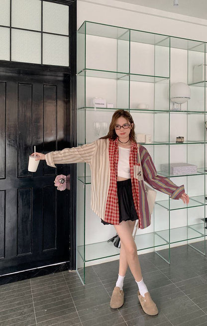 新商品 切り替え 個性的なデザイン チェック柄 ストライプ柄 シャツ E-9155