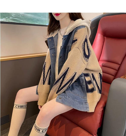 新作デニム切り替えニットフード付きパーカートップス全3色E-4321