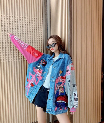 人気爆発中 ピンク プリント スパンコール 切り替え デニムジャケットiEf-4039