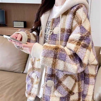 絶対流行 カジュアル 柔らかくて優しい印象 チェック柄 2色選択 ラムフリース コート ボアジャケットE-9854