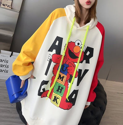 オーバーサイズ カラーマッチング アルファベットプリント フード付き ロングパーカE-4085