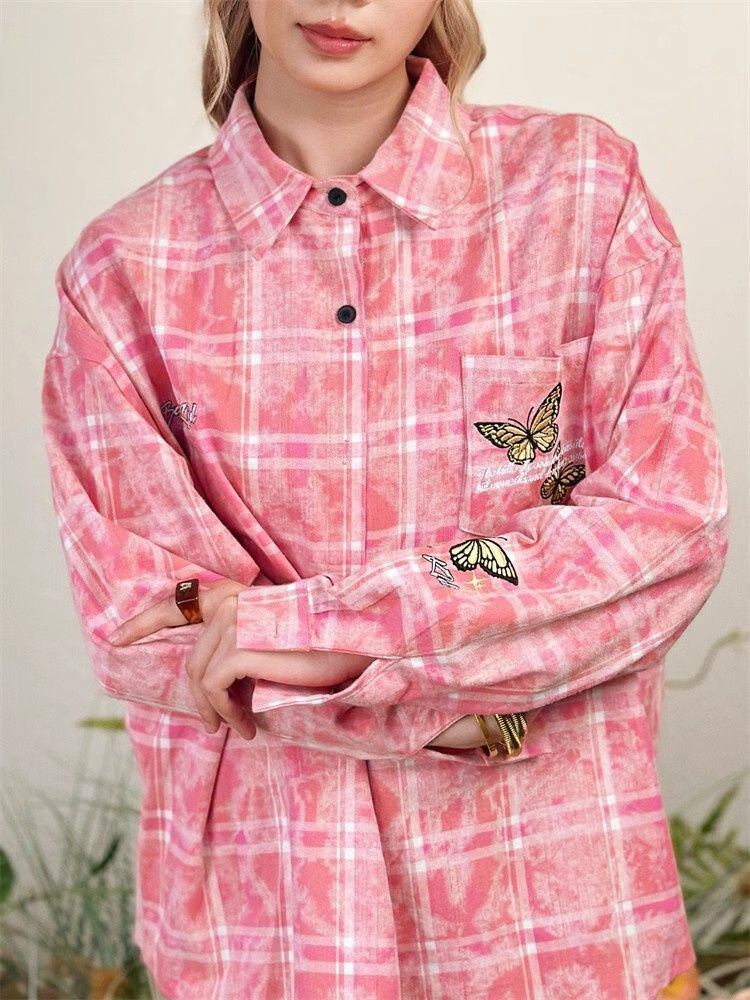 アクティブも綺麗も叶う 刺繍 カジュアル チェック柄 全2色 カップル シャツ E-9166