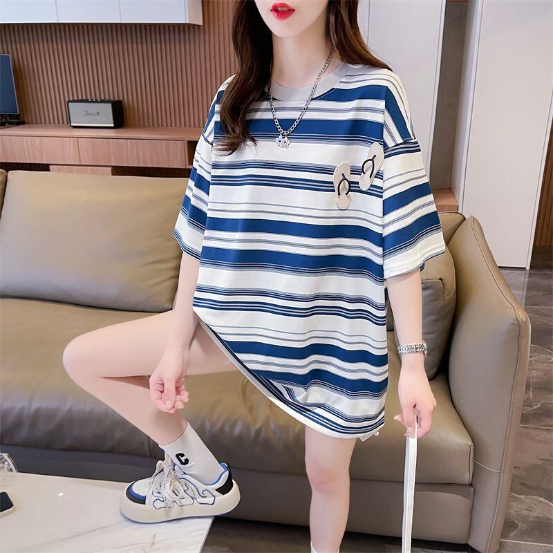 存在感抜群 ストライプ柄 トレンドアイテム カジュアル ゆったり 全2色 半袖TシャツE-9322