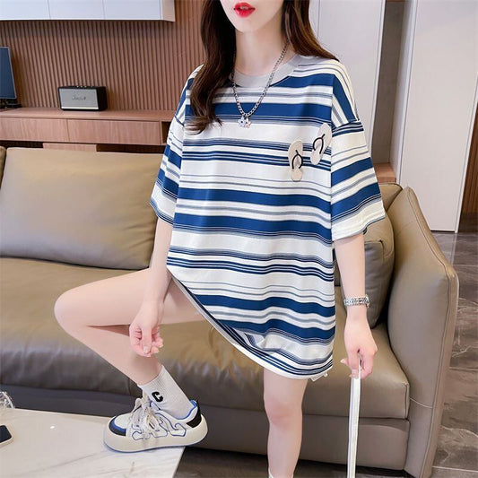 存在感抜群 ストライプ柄 トレンドアイテム カジュアル ゆったり 全2色 半袖TシャツE-9322