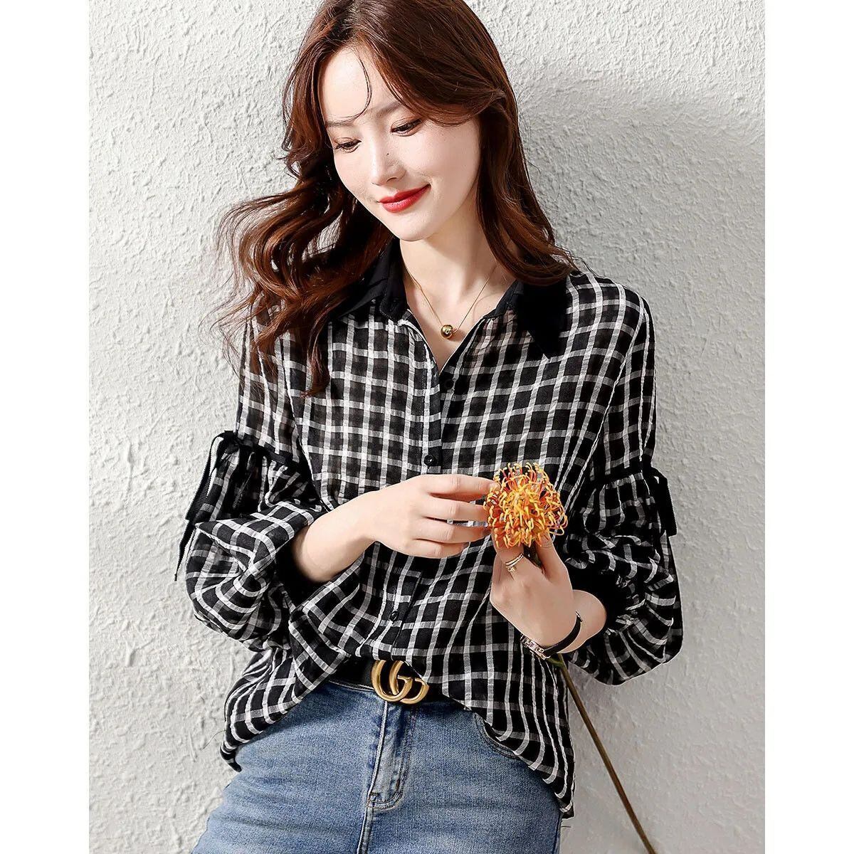 都市ファッショ デザイン オシャレ エレガント チェック柄 切り替え シャツ E-9306