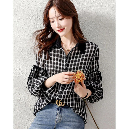 都市ファッショ デザイン オシャレ エレガント チェック柄 切り替え シャツ E-9306