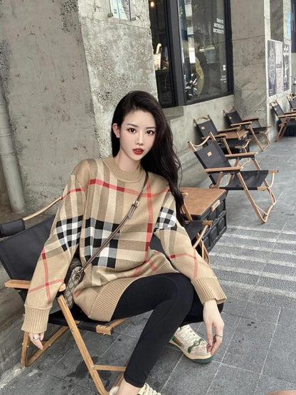 レトロ ラウンドネック オシャレ度満点 チェック柄 長袖 ニット セーターE-6808