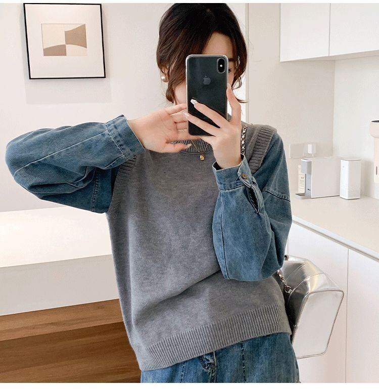 好感度UP レイヤード風 スタイルアップ デニム 切り替え 3色選択 ニットトップスE-9594