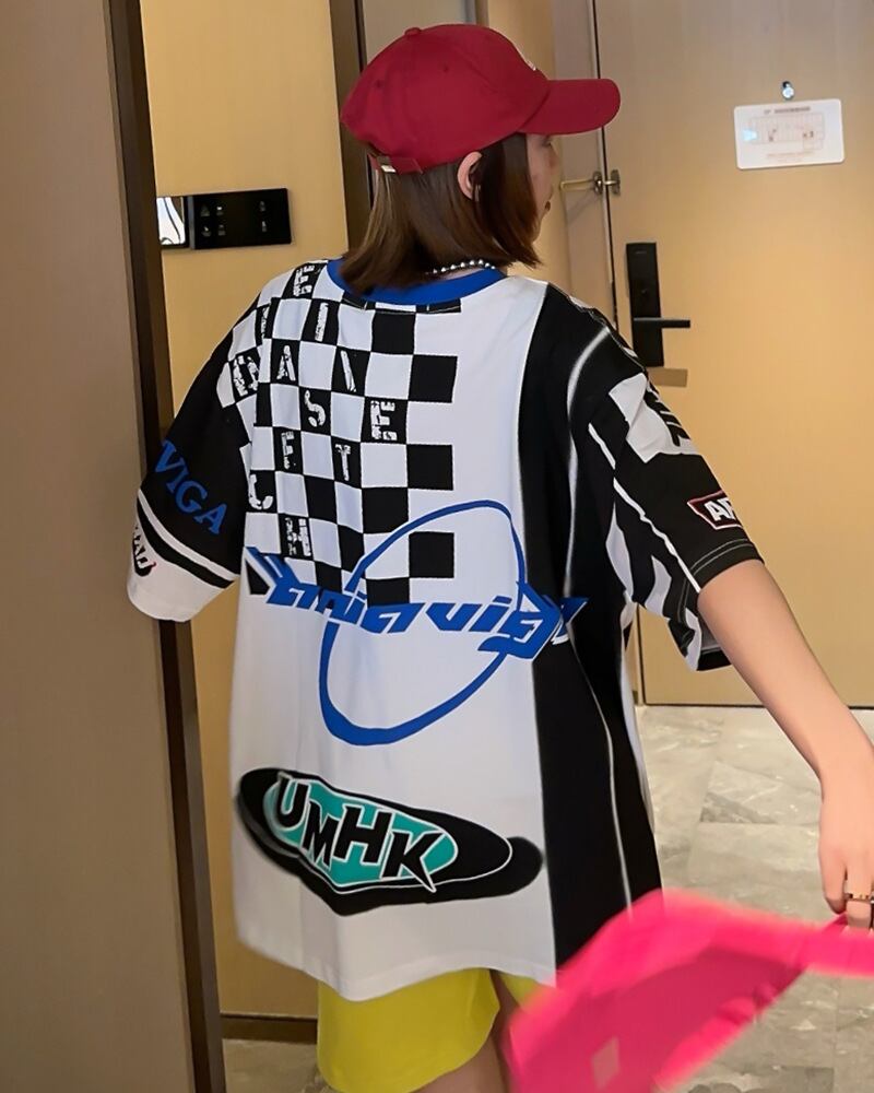 スタイルアップ効果抜群 レース アバンギャルド ダブルプリント全2色 半袖TシャツE-8980