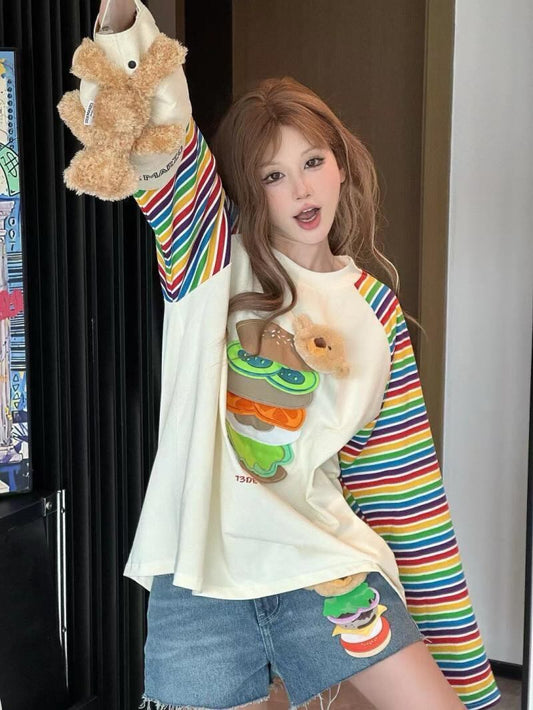 都市ファッショ デザイン オシャレ 大人可愛い 着心地良い プリント ストライプ柄 半袖TシャツE-9332