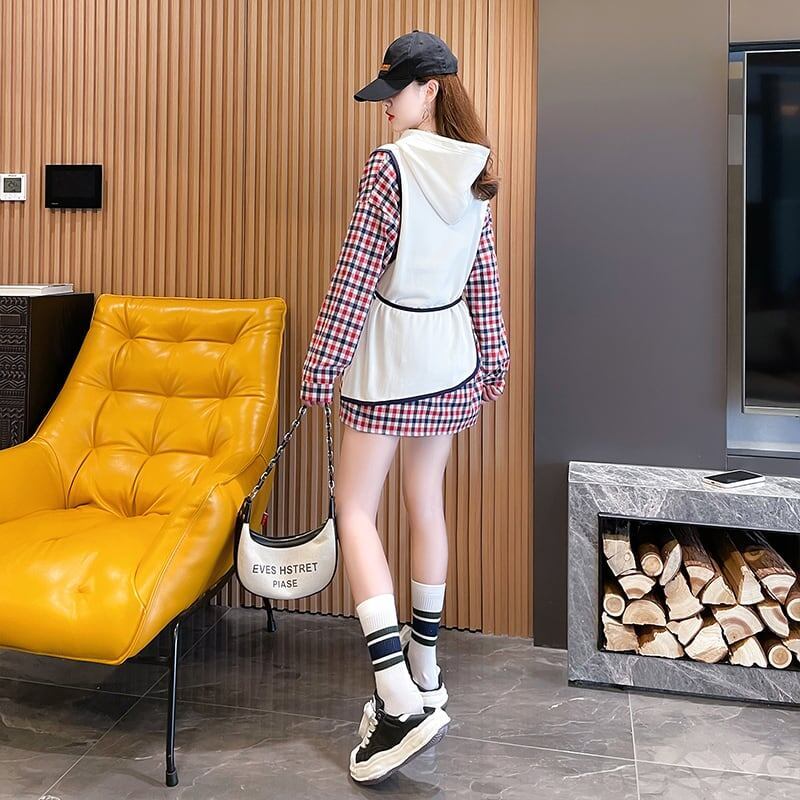 レイヤード風  チェック柄 ロングパーカ全3色トップスE-4803