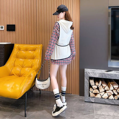 レイヤード風  チェック柄 ロングパーカ全3色トップスE-4803