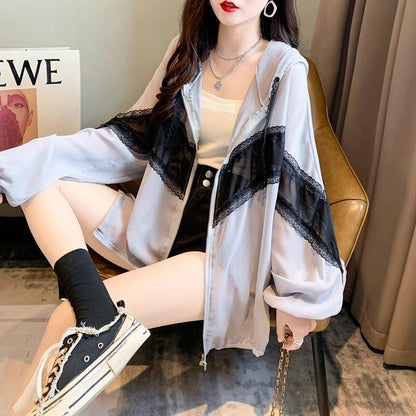 超人気 レース おしゃれ度高め 切り替え 日焼け対策 全2色 パーカー コートE-9143