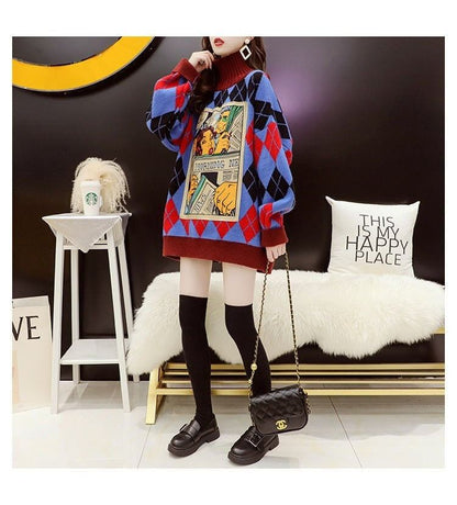 超人気配色チェック柄グラフィックロゴニットセーターハイネック3色ありE-4328