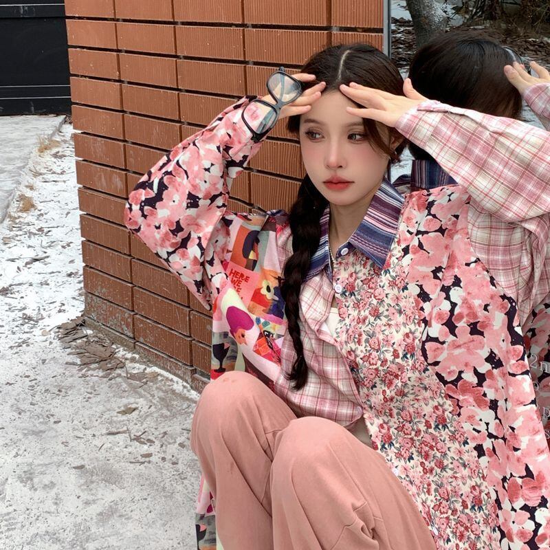 スタイルアップ効果抜群 切り替え カジュアル チェック柄 全2色 シャツ E-9177