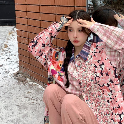 スタイルアップ効果抜群 切り替え カジュアル チェック柄 全2色 シャツ E-9177