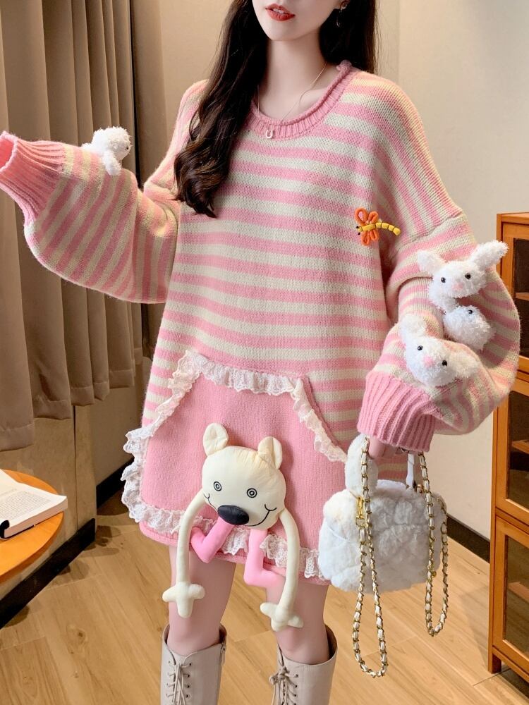 スタイルアップ効果抜群 ストライプ柄 個性的なデザイン 2色選択ニットトップスE-10585