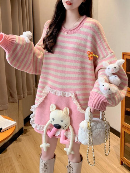 スタイルアップ効果抜群 ストライプ柄 個性的なデザイン 2色選択ニットトップスE-10585