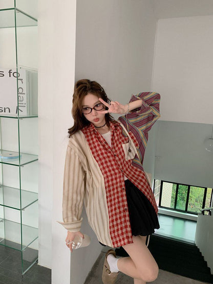 新商品 切り替え 個性的なデザイン チェック柄 ストライプ柄 シャツ E-9155