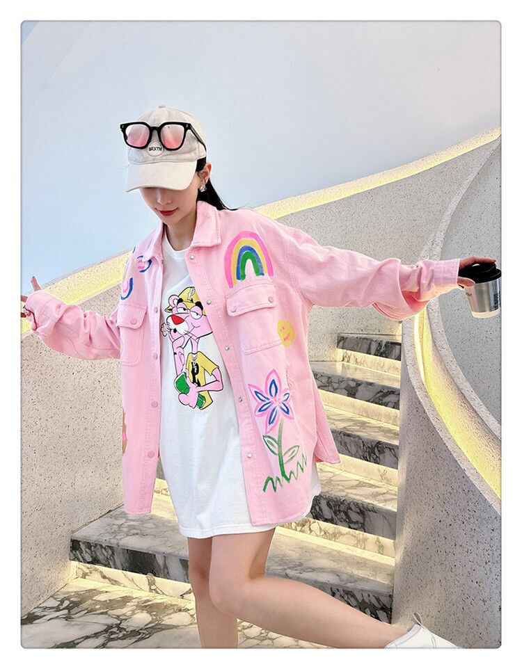 売り切れ必至 韓国風ファッション 上質 アバンギャルド プリント デニム Tシャツ E-9479