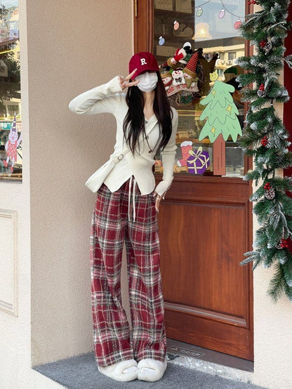 着回し力抜群 チェック柄 おしゃれ度高め 3色選択 ウールワイドレッグパンツ E-9757